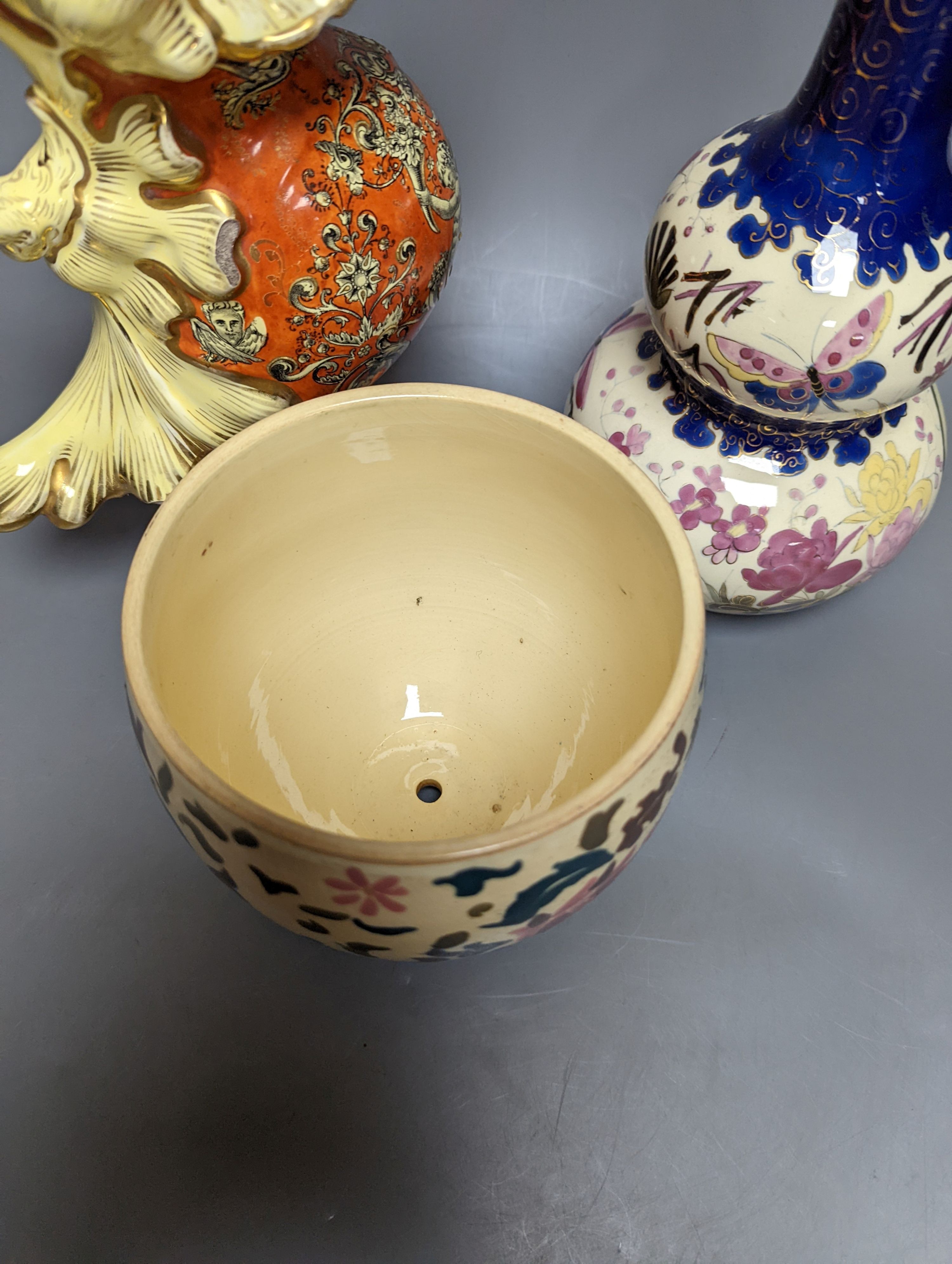 A Fischer Budapest pottery ewer and two pottery vases 29cm